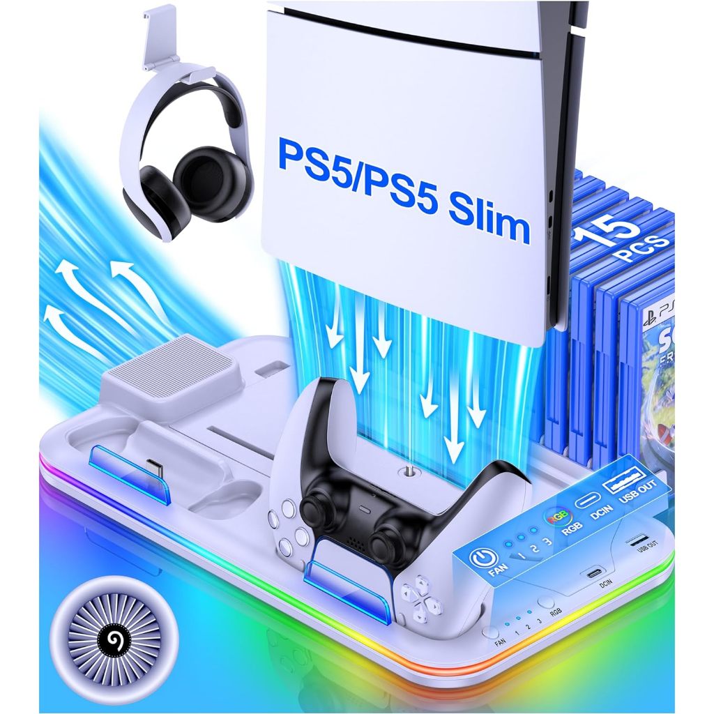 แท่นชาร์จ อเนกประสงค์ RGB PS5 และเทอร์โบคูลลิ่งสเตชั่น พร้อมที่ชาร์จคอนโทรลเลอร์ สําหรับ PS5 พัดลมระบายความร้อน 3 ระดับ ไฟ RGB LED 15 ช่องเกม