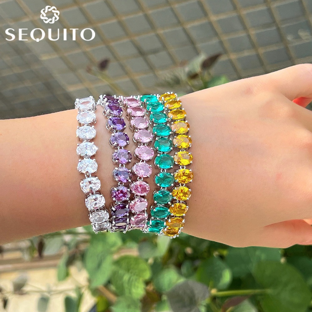 SEQUITO Graceful Multicolor รูปไข่ AAA Cubic Zircon Paved การตั้งค่าเงินชุบผู้หญิง Charm กําไลข้อมือเครื่องประดับมือสําหรับอาหารค่ําเย็น B235