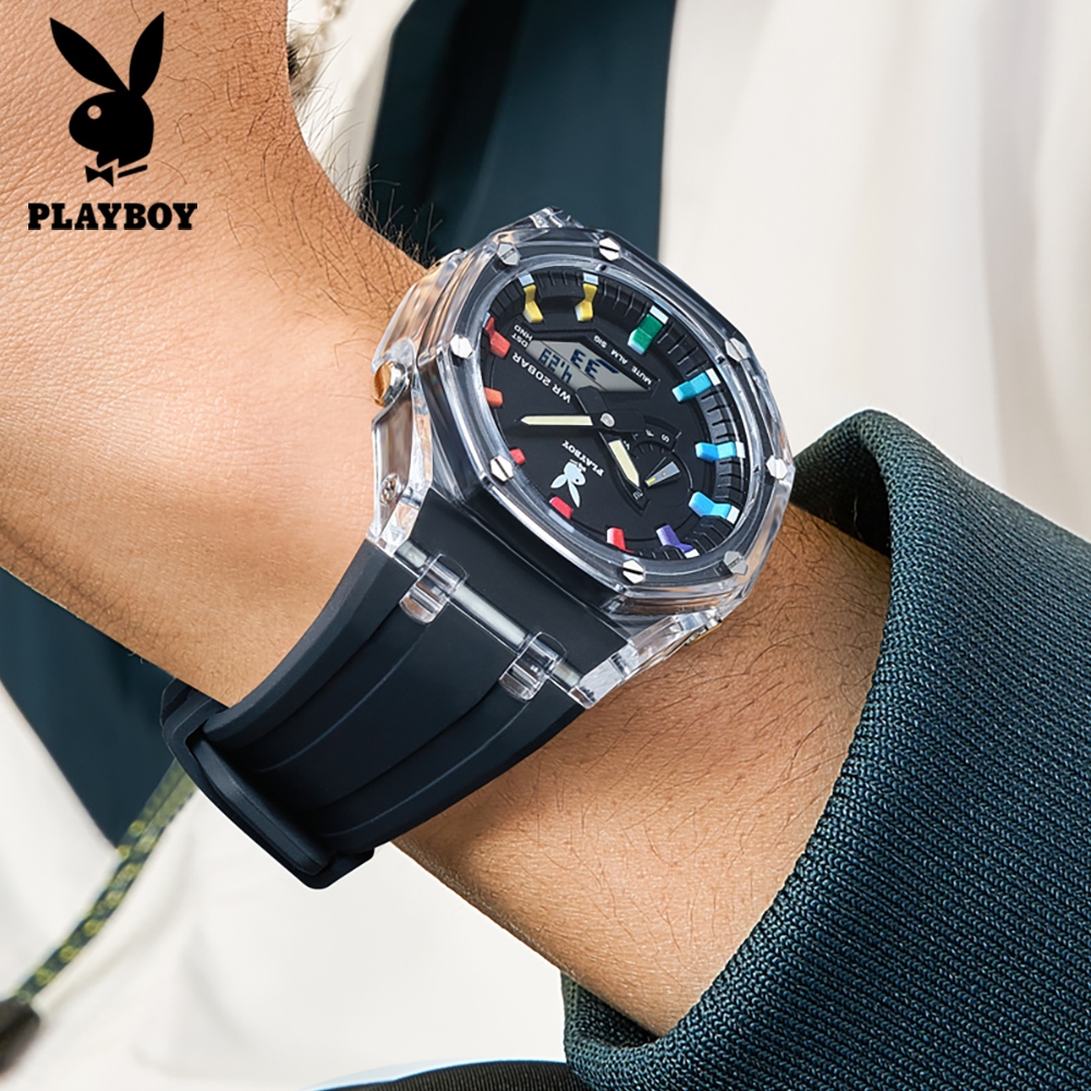 PLAYBOY นาฬิกา ผู้ชาย แฟชั่น ตารางดิจิตอล watch 100% แท้ นาฬิกาข้อมือกันน้ำได้ ควอตซ์ นาฬิกาดิจิตอล สีดำ ยาง 2066-H