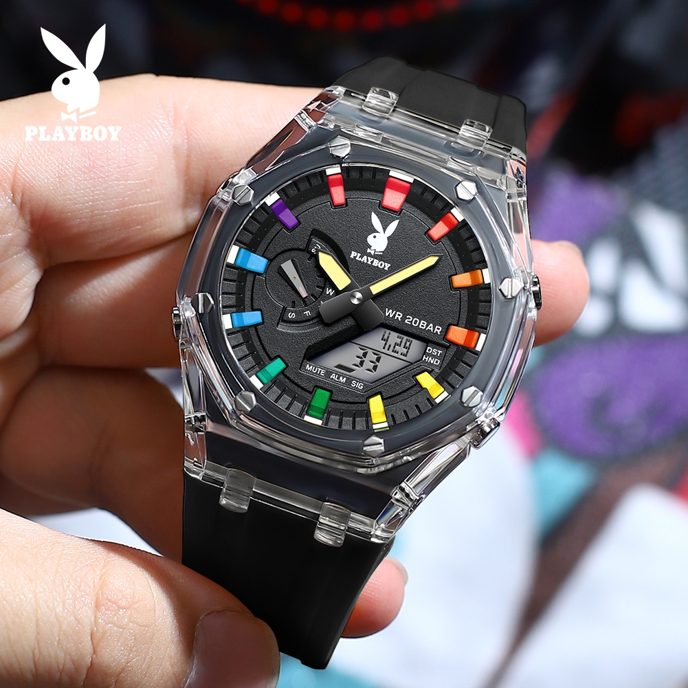 PLAYBOY นาฬิกา ผู้ชาย แฟชั่น ตารางดิจิตอล watch 100% แท้ นาฬิกาข้อมือกันน้ำได้ ควอตซ์ นาฬิกาดิจิตอล สีดำ ยาง 2066-H