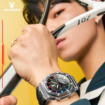 PLAYBOY นาฬิกา ผู้ชาย แฟชั่น ตารางดิจิตอล watch 100% แท้ นาฬิกาข้อมือกันน้ำได้ ควอตซ์ นาฬิกาดิจิตอล สีดำ ยาง 2066-H