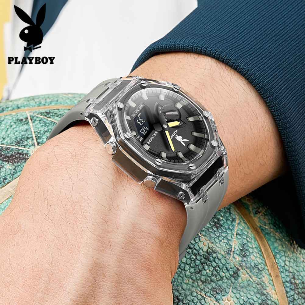 PLAYBOY นาฬิกา ผู้ชาย แฟชั่น ตารางดิจิตอล watch 100% แท้ นาฬิกาข้อมือกันน้ำได้ ควอตซ์ นาฬิกาดิจิตอล สีดำ ยาง 2066-U - รูปที่ 2