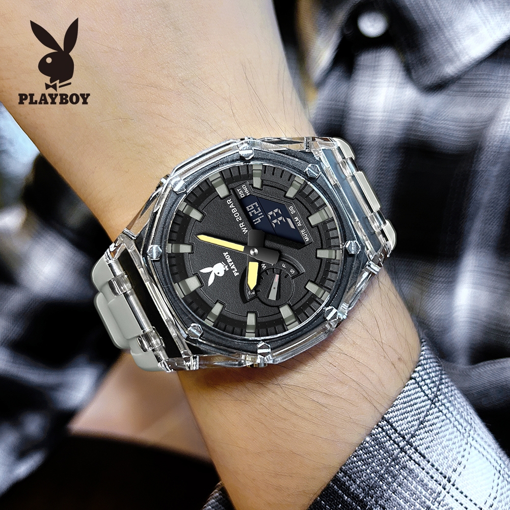 PLAYBOY นาฬิกา ผู้ชาย แฟชั่น ตารางดิจิตอล watch 100% แท้ นาฬิกาข้อมือกันน้ำได้ ควอตซ์ นาฬิกาดิจิตอล สีดำ ยาง 2066-U - รูปที่ 5