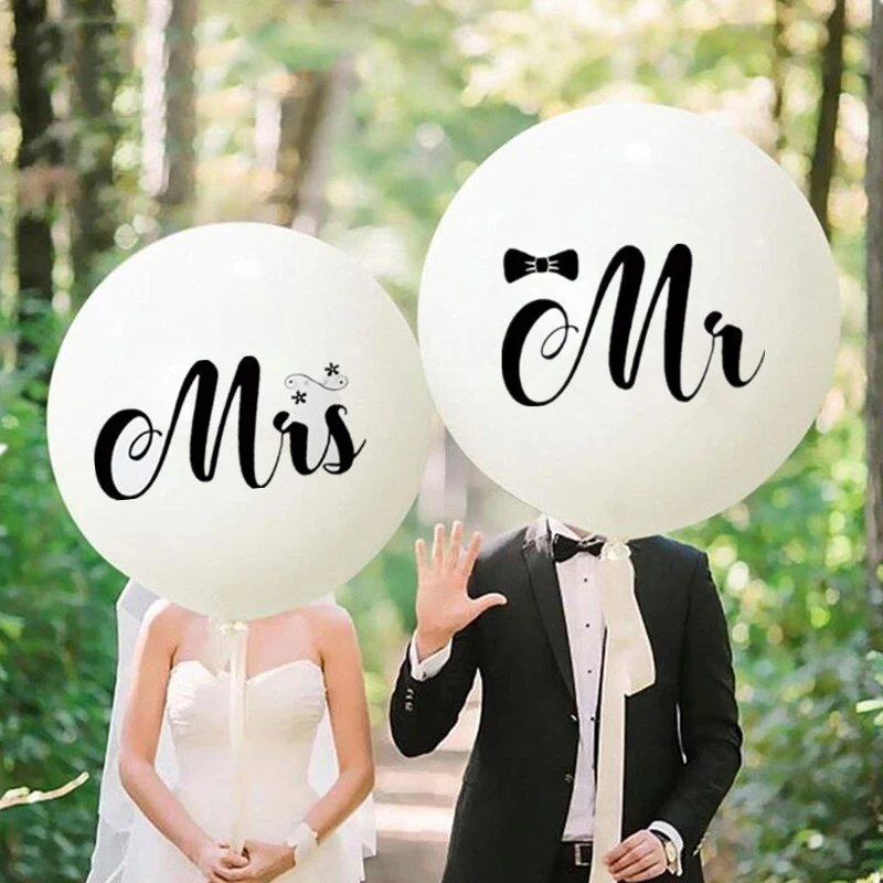 ลูกโป่งยาง พิมพ์ลาย Mr/Mrs ทรงกลม สีขาว ขนาด 36 นิ้ว สําหรับตกแต่งงานแต่งงาน วันวาเลนไทน์