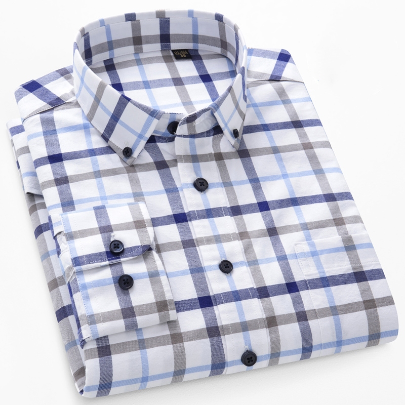 ลําลองผ้าฝ้าย 100% แขนยาว Oxford ลายสก๊อต Slim Fit Social Men เสื้อ