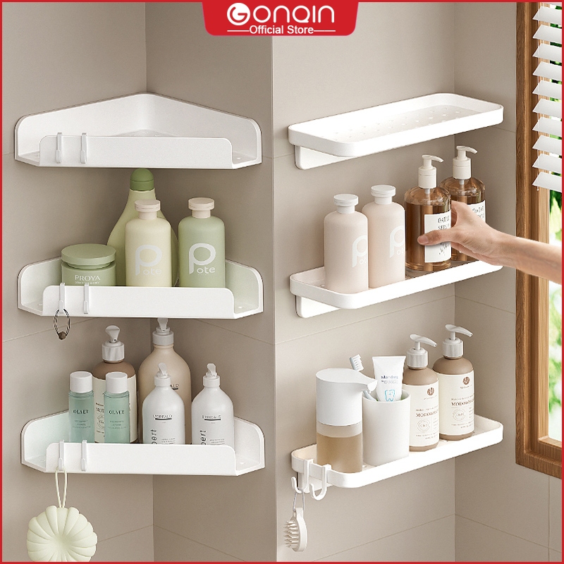 GONQIN ชั้นวางของในห้องน้ํา ชั้นวางเข้ามุม ตัวยึดติดผนังแบบไม่เจาะรู ชั้นวางของสามเหลี่ยม ชั้นวางติดผนัง