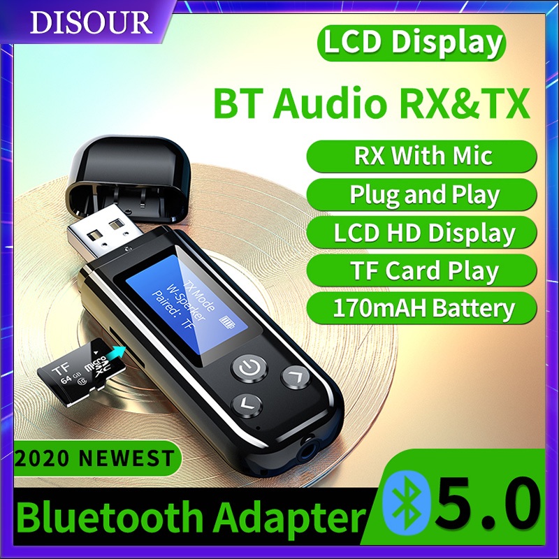 Disour อะแดปเตอร์รับส่งสัญญาณเสียงสเตอริโอไร้สาย USB บลูทูธ 5.0 หน้าจอ LCD AUX RCA 3.5 มม. พร้อมแบตเตอรี่ในตัว สําหรับ TV PC