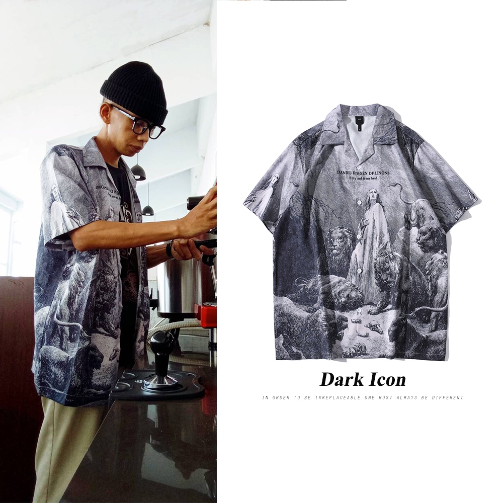เสื้อเชิ้ตแขนสั้นพิมพ์ลาย Dark Icon Hawaiian สําหรับผู้ชาย