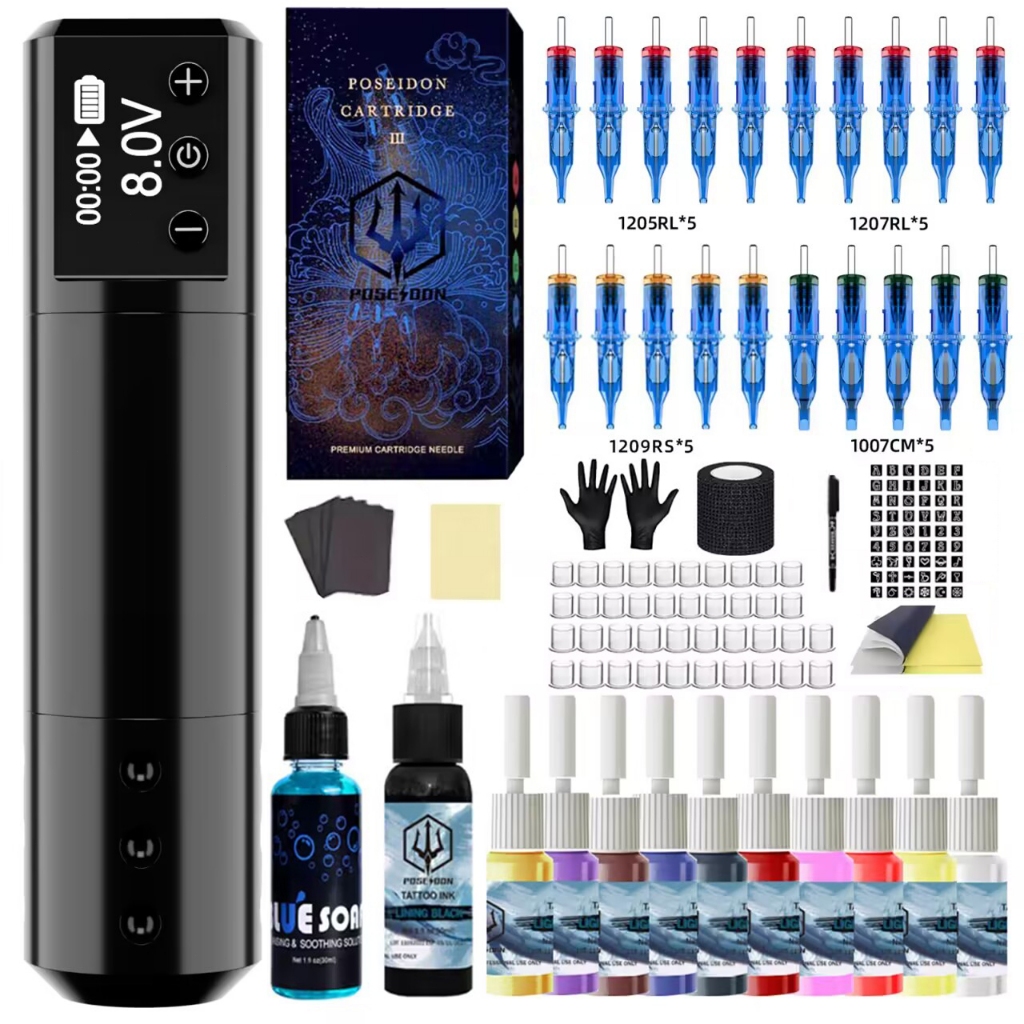Poseidon ชุดปากกาสัก พร้อมตลับเข็มสัก 20 ชิ้น และพาวเวอร์ซัพพลายไร้สาย หน้าจอดิจิทัล LED สําหรับศิลปินสัก