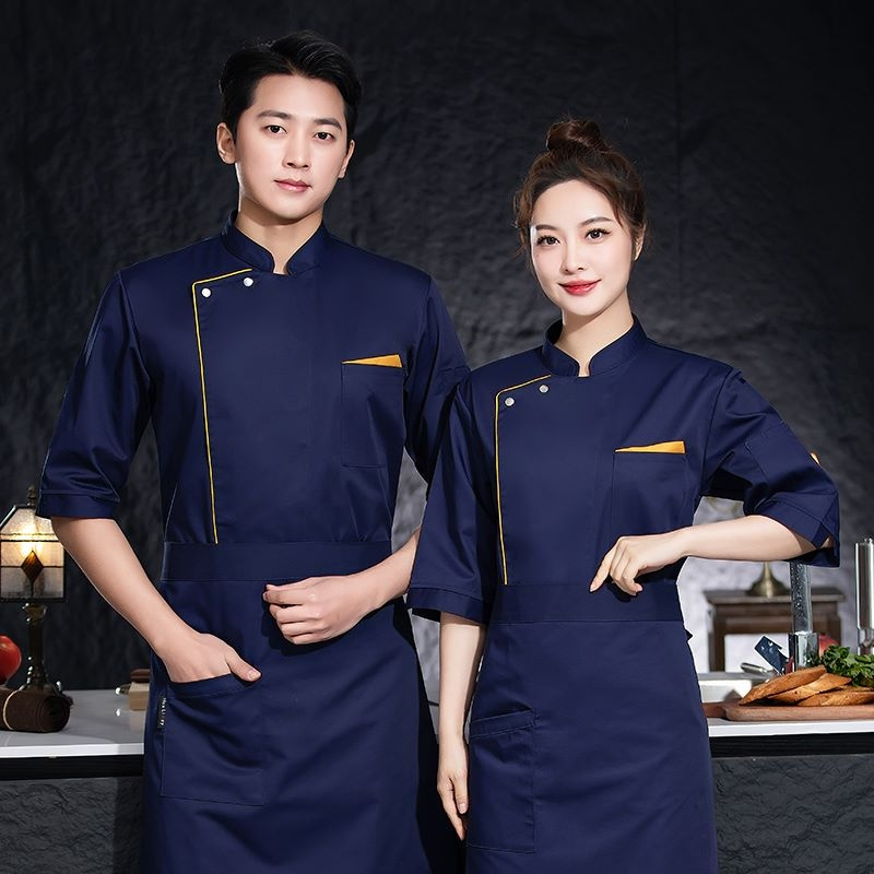 เสื้อแจ็กเก็ตเชฟแขนสั้น ลายทาง สีทอง กันคราบ สําหรับเชฟร้านอาหาร เบเกอรี่ เหมาะกับทุกเพศ