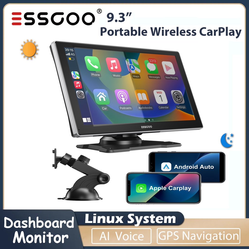 ESSGOO 9 inch Wireless Carplay Dashboard Monitor Portable Car Radio Automotive Multimedia Player Android Auto MirrorLink AUX Bluetooth