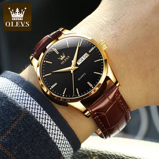 OLEVS นาฬิกา ผู้ชาย แฟชั่น watch 100% แท้ นาฬิกาข้อมือกันน้ำได้ ควอตซ์ หนัง แนวโน้ม สีดำ เพชร แสงสว่าง นาฬิกาคู่ 6898-H