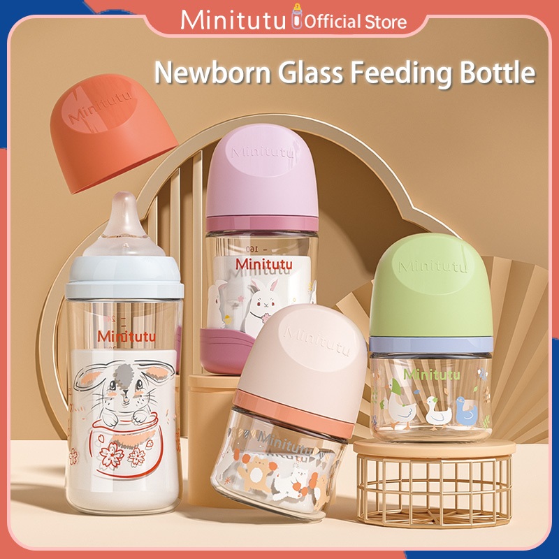 Minitutu ขวดนมแก้วเด็กแรกเกิด 80 มล. 160 มล. 240 มล. พร้อมจุกนมหลอก ป้องกันอาการจุกเสียด