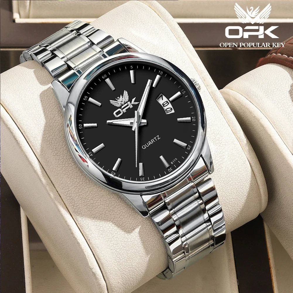 OPK นาฬิกา ผู้ชาย แฟชั่น watch 100% แท้ นาฬิกาข้อมือกันน้ำได้ ควอตซ์ หนัง แนวโน้ม สายสเตนเลส สีดำ เพชร แสงสว่าง 6010