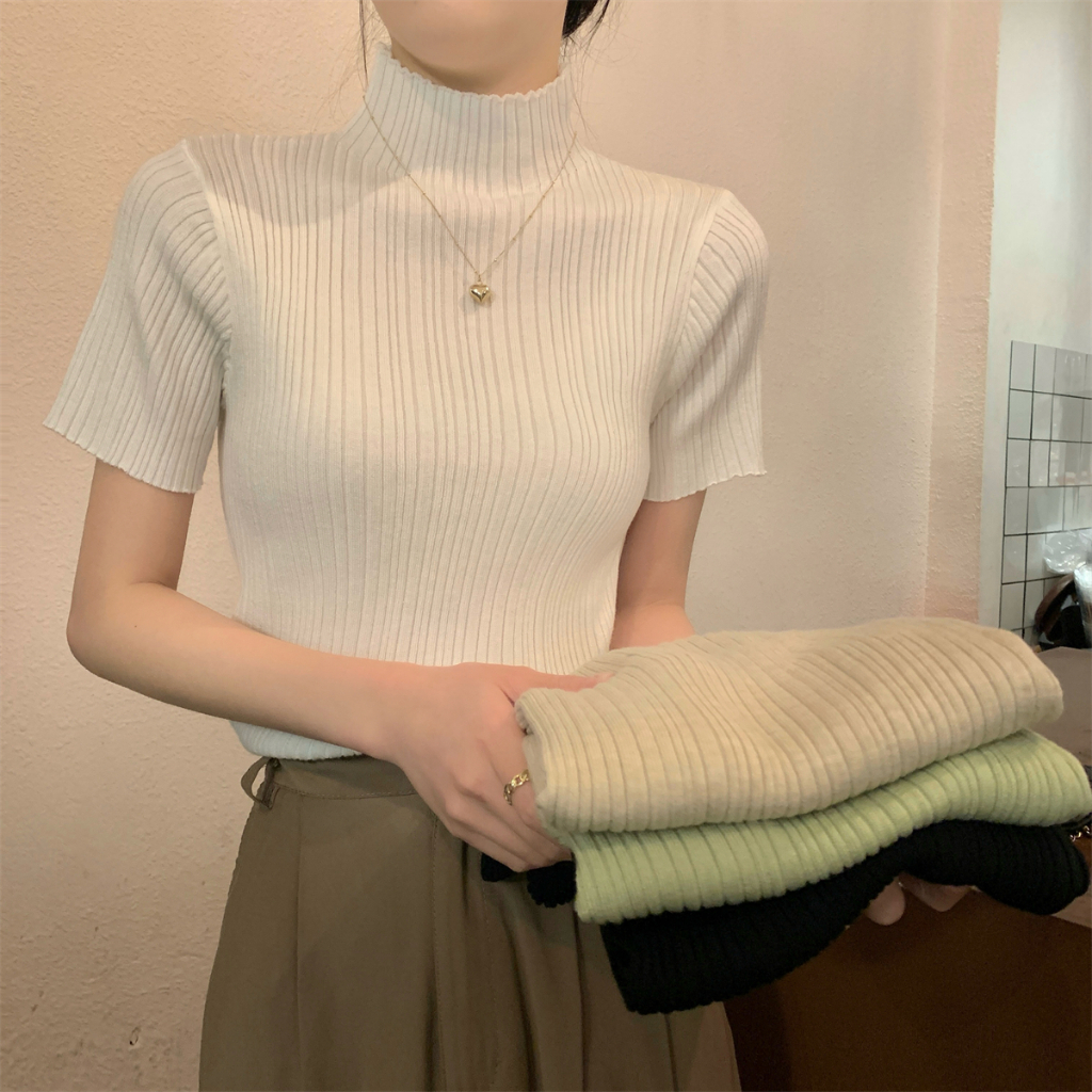 NZN ฤดูร้อนเวอร์ชั่นเกาหลีของครึ่งคอเต่าอารมณ์สีทึบถักแขนสั้นเสื้อยืดบางสไตล์พายเรือ