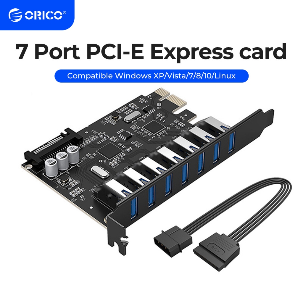 Orico SuperSpeed USB 3.0 7 พอร์ต PCI-E Express การ์ด 15pin SATA Power Connector PCIE ปรับ VL805 และ VL812 ชิปเซ็ต (PVU3-7U-V1)