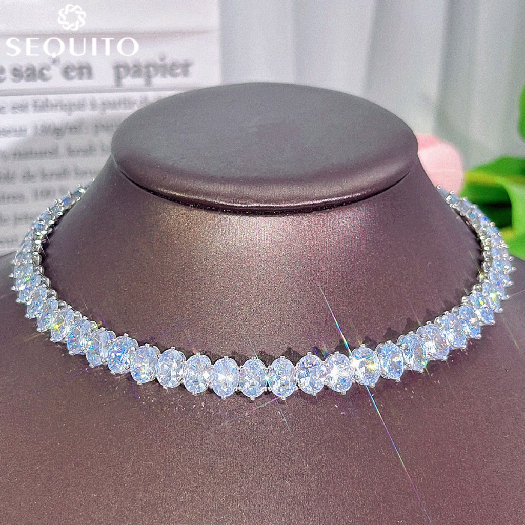 SEQUITO Super Sparkling รูปไข่สีขาว AAAAA Cubic Zircon หิน Paved การตั้งค่า Platinum ชุบ Choker สร้อยคอผู้หญิงค็อกเทล Party เครื่องประดับ N042