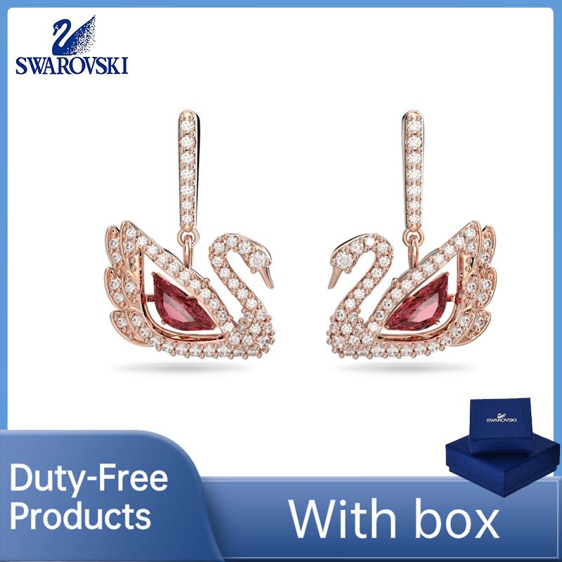 สินค้าปลอดภาษีของแท้ 100% (พร้อมกล่อง) คุณภาพสูงหรูหรา Swarovski Diamond Dancing Swan Drop Shape ต่างหู Red Rose Gold