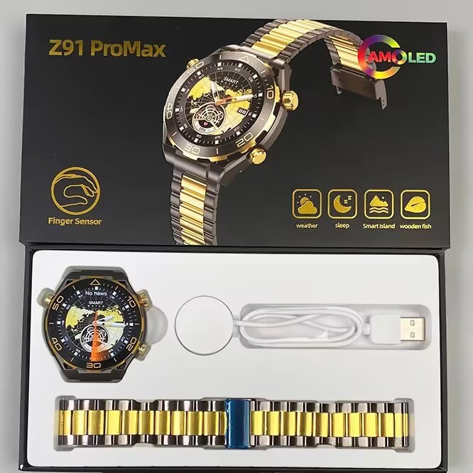 2024 Z91 Pro Max นาฬิกาข้อมือสมาร์ทวอทช์ พร้อมสายโลหะ AMOLED หน้าจอขนาดใหญ่ วัดอัตราการเต้นของหัวใจ BT หน้าจอกลม สีทอง สําหรับผู้ชาย VS samsung watch hk9 ultra2 hello watch 2
