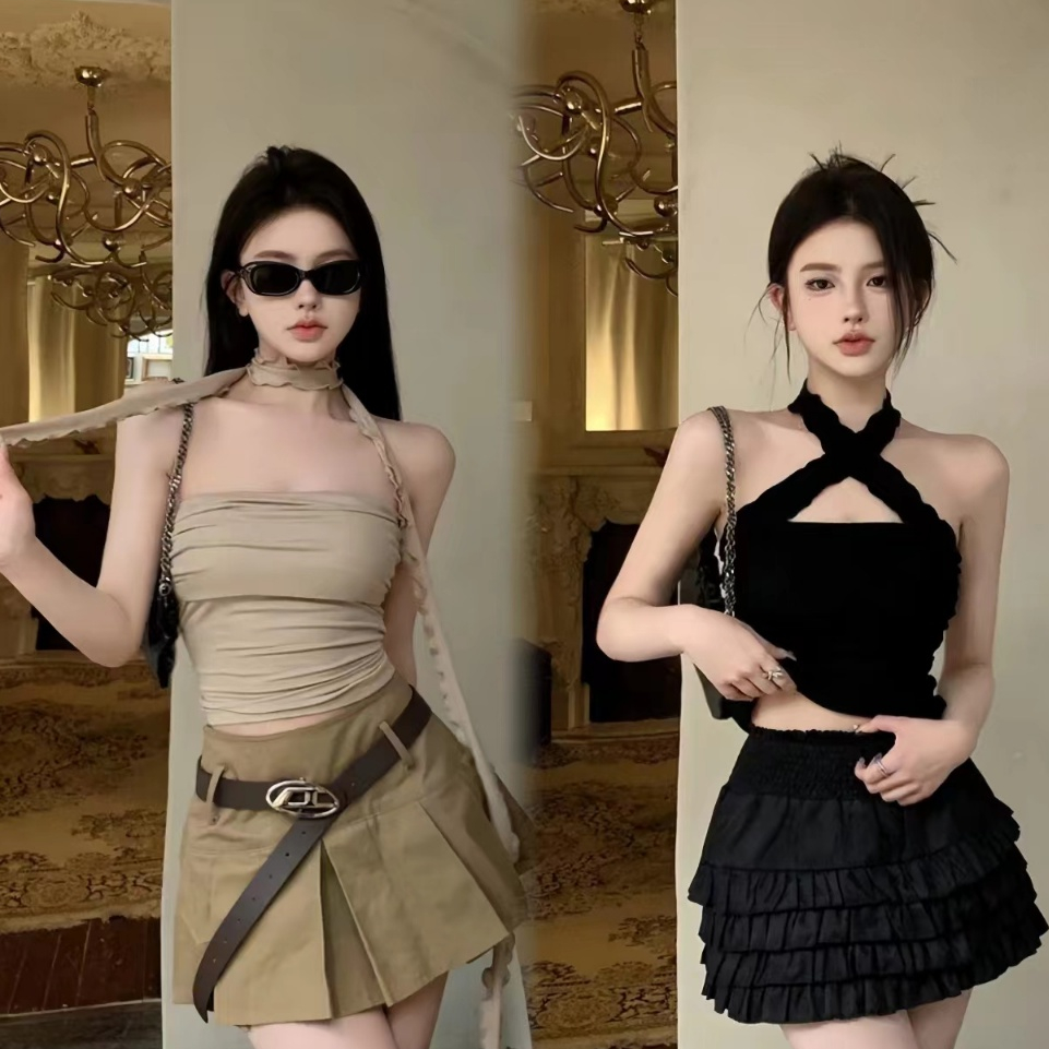 Bella Pure Desire Style เสื้อเกาะอกมีสายคล้องคอผู้หญิงสไตล์เรโทรฝรั่งเศส