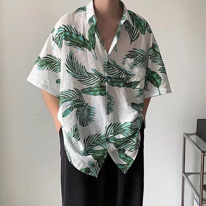 เสื้อเชิ้ตแขนสั้น ผ้าเรยอน ลายดอกไม้ สไตล์ฮ่องกง เรโทร เหมาะกับเดินชายหาด แฟชั่นฤดูร้อน สําหรับผู้ชาย