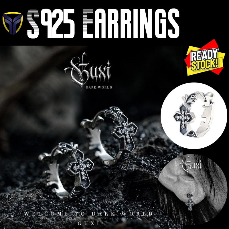 2024 Retro Gothic S925 เงินZircon Cross Hoopต่างหูไม่ซีดจางไม่มีAllergiesน้ําแห่งชาติหรูหราแฟชั่นอินเทรนด์Niche Y2K Punkผู้หญิงผู้ชายUnisexหูสตั๊ดต่างหู