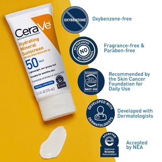 เซราวี ครีมกันแดด สำหรับผิวหน้า Hydrating Mineral Sunscreen SPF 50 Face 75 ml