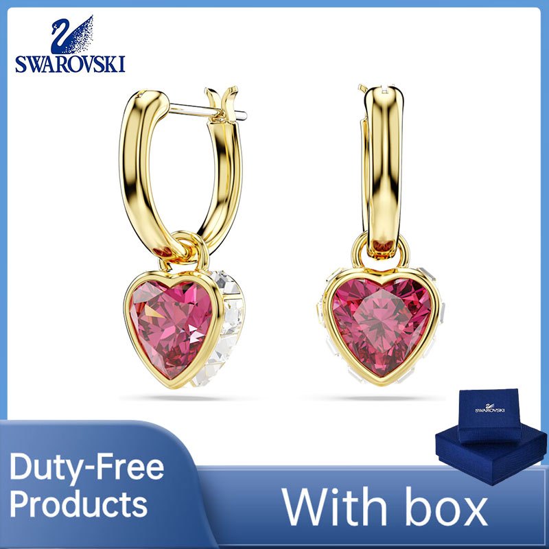 SWAROVSKI สินค้าปลอดภาษีของแท้ 100% (พร้อมกล่อง) คุณภาพสูงหรูหรา สวารอฟสกี้ เพชร โครมา ต่างหูทรงหยดน้ําหัวใจสีแดงชุบทอง