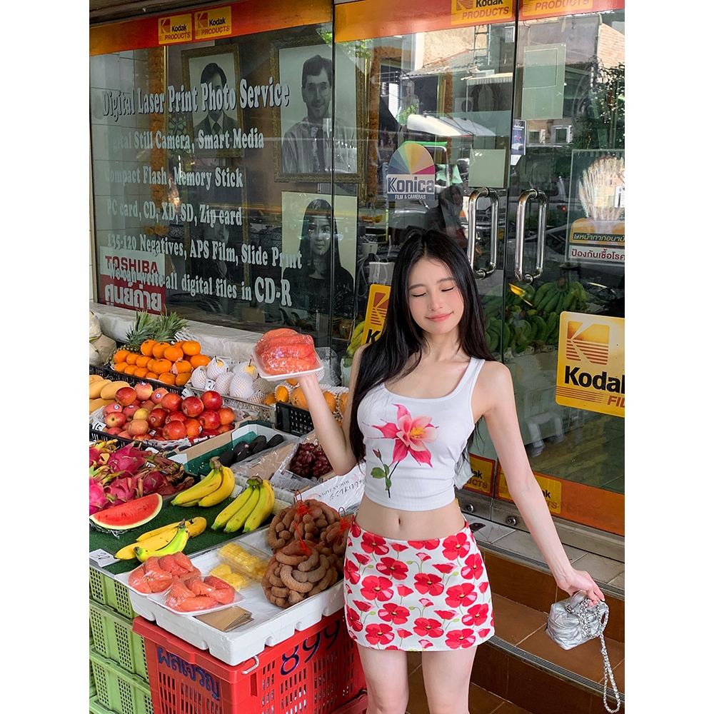 Xiaozhainv เสื้อกั๊ก พิมพ์ลายดอกไม้ สไตล์เรโทร พร้อมกระโปรง เอวต่ํา แยกชิ้น