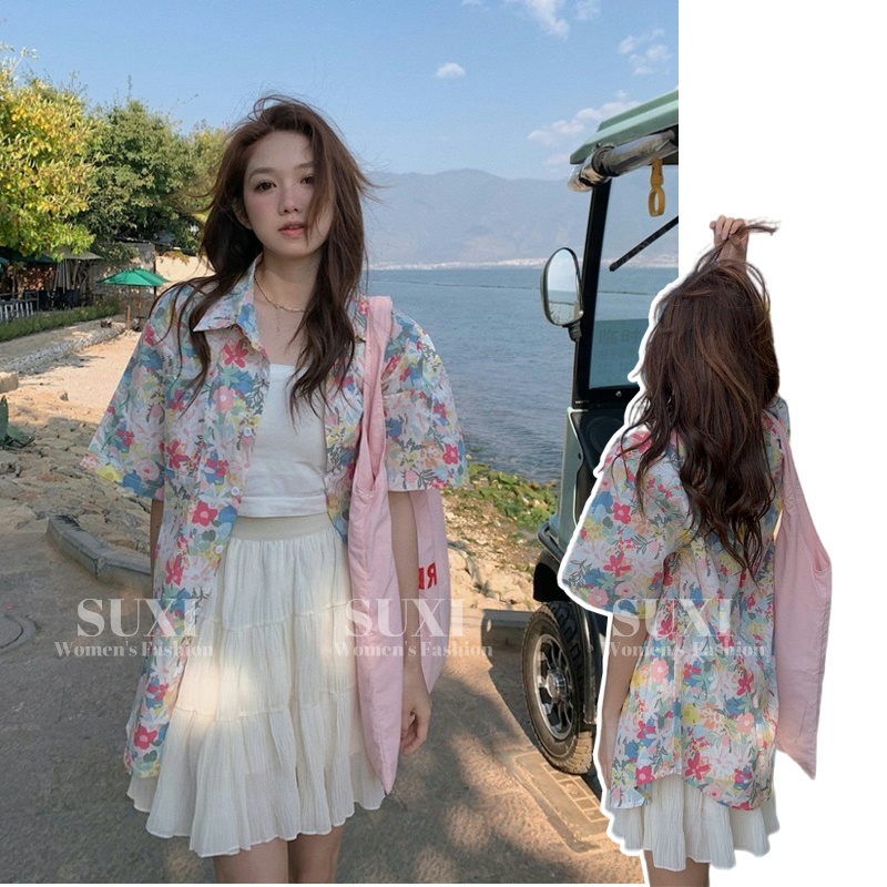 ใหม่ เสื้อเชิ้ตแขนสั้น ทรงหลวม ลายดอกไม้ น่ารัก แฟชั่นฤดูร้อน สําหรับผู้หญิง