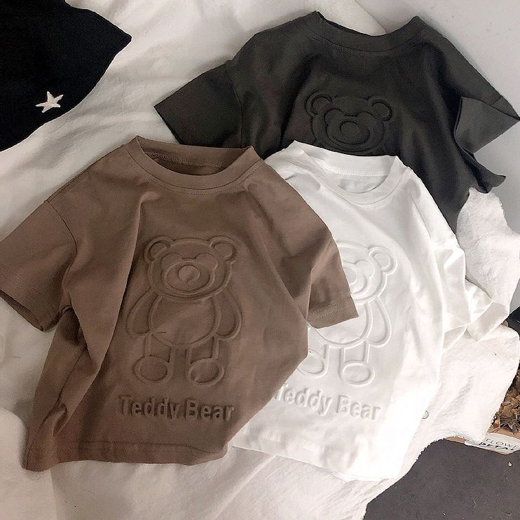 [พร้อมส่ง] เสื้อยืดแขนสั้นลําลอง ผ้าฝ้ายแท้ พิมพ์ลายหมี แฟชั่นฤดูร้อน สําหรับเด็กผู้ชาย และเด็กผู้หญิง อายุ 1-12 ปี