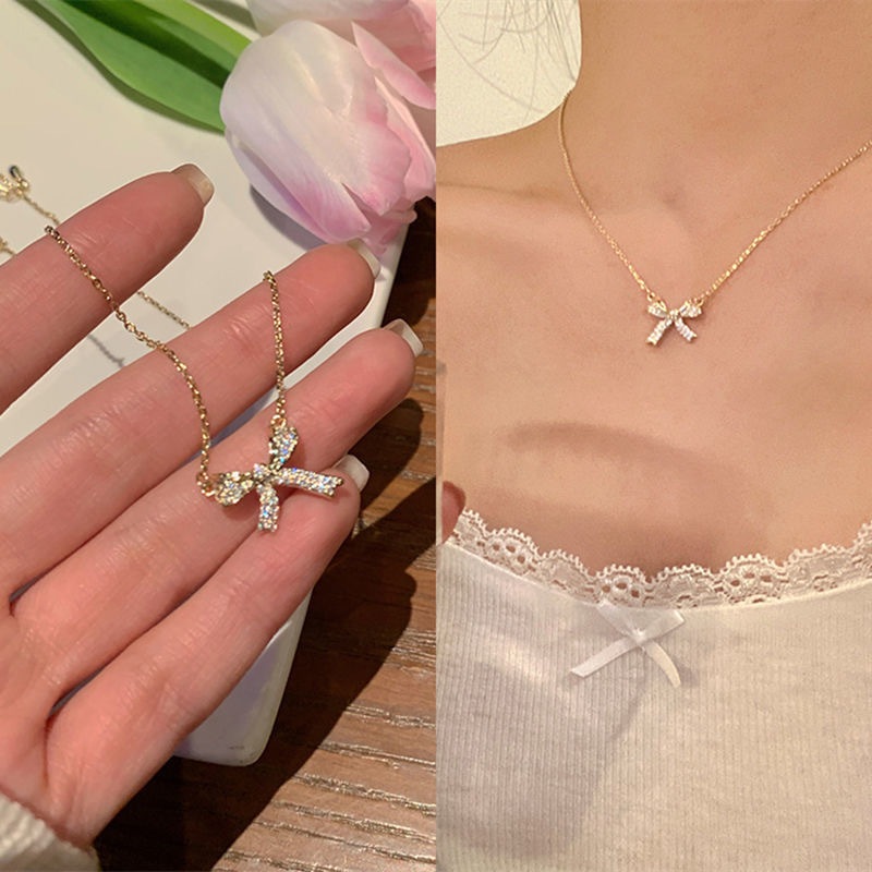 สร้อยคอ ประดับโบว์เพชร สีทอง เหมาะกับของขวัญวันเกิด สไตล์เกาหลี สําหรับนักเรียนหญิง
