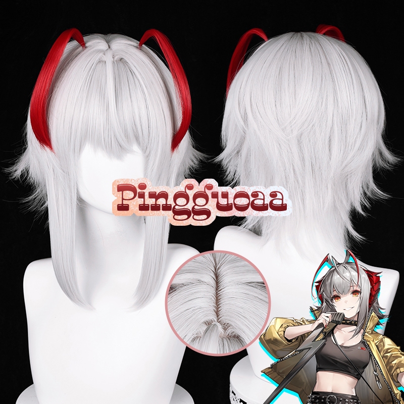 Arknights Ambience Synesthesia W Cosplay Wig 37cm Red Highlights Silver Wigs Heat Resistant Synthetic Hair Simulated Scalp Wigs