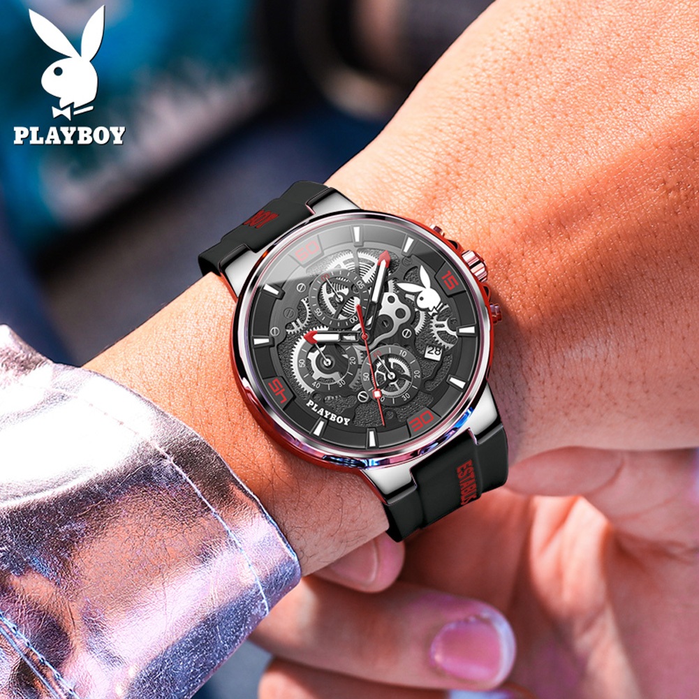 PLAYBOY นาฬิกา ผู้ชาย แฟชั่น watch 100% แท้ นาฬิกาข้อมือกันน้ำได้ ควอตซ์ เทปกาว กีฬา ทองดำ มัลติฟังก์ชั่น เวลา 3063-H