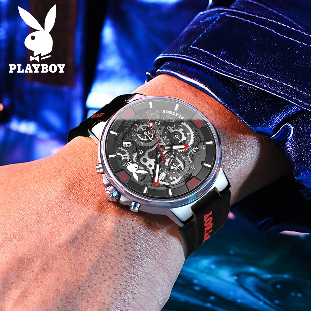 PLAYBOY นาฬิกา ผู้ชาย แฟชั่น watch 100% แท้ นาฬิกาข้อมือกันน้ำได้ ควอตซ์ เทปกาว กีฬา ทองดำ มัลติฟังก์ชั่น เวลา 3063-H