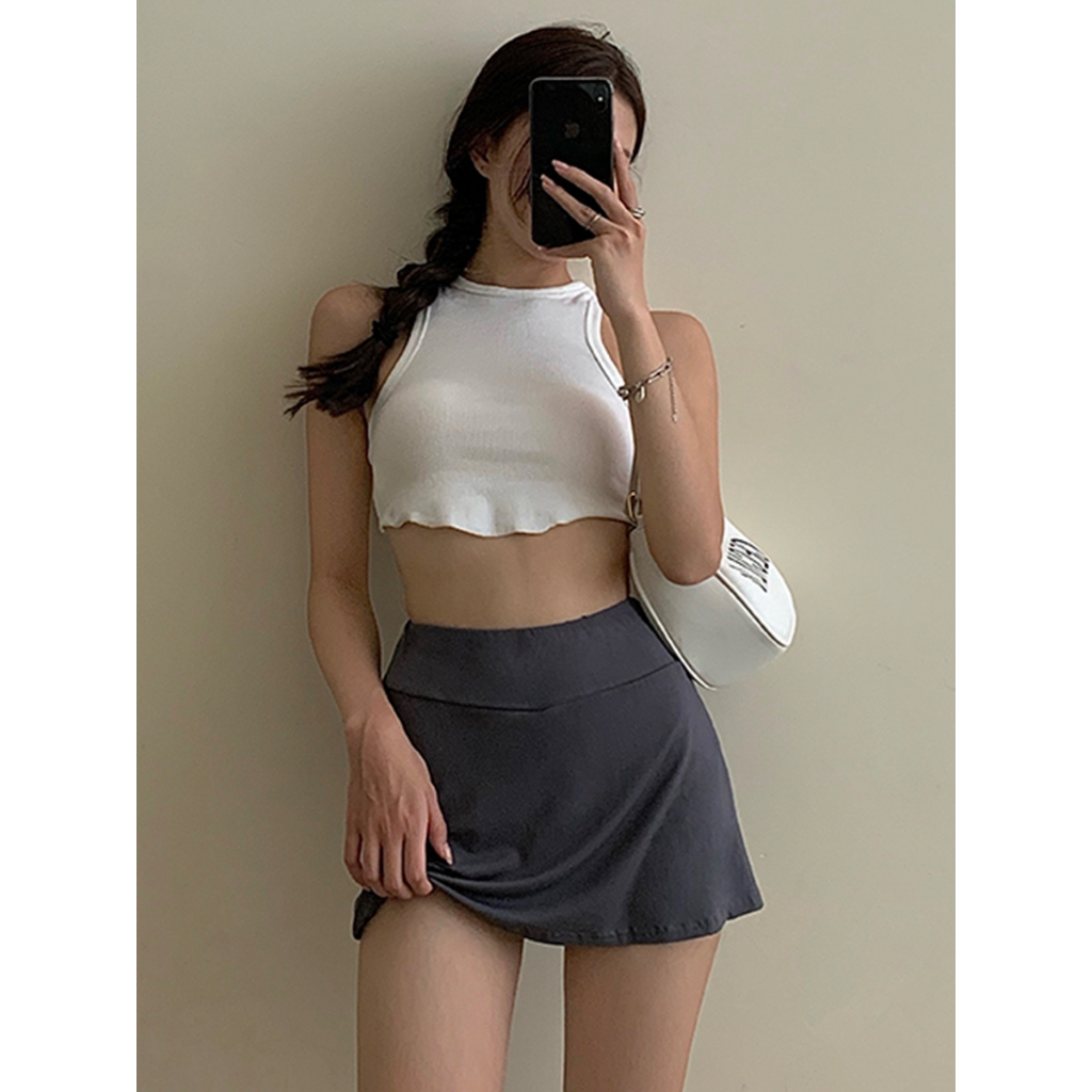 Nuziro Mini Skirt （S~L）- กระโปรงสั้นเอวสูงสีทึบ #8130