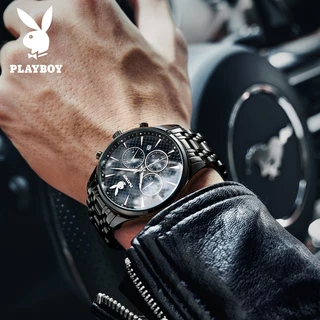 PLAYBOY นาฬิกา ผู้ชาย แฟชั่น watch 100% แท้ นาฬิกาข้อมือกันน้ำได้ ควอตซ์ สายสเตนเลส สีดำ มัลติฟังก์ชั่น หรูหรา 8881-H