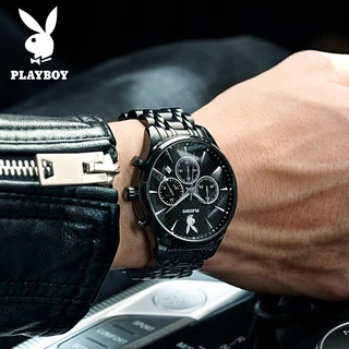 PLAYBOY นาฬิกา ผู้ชาย แฟชั่น watch 100% แท้ นาฬิกาข้อมือกันน้ำได้ ควอตซ์ สายสเตนเลส สีดำ มัลติฟังก์ชั่น หรูหรา 8881-H
