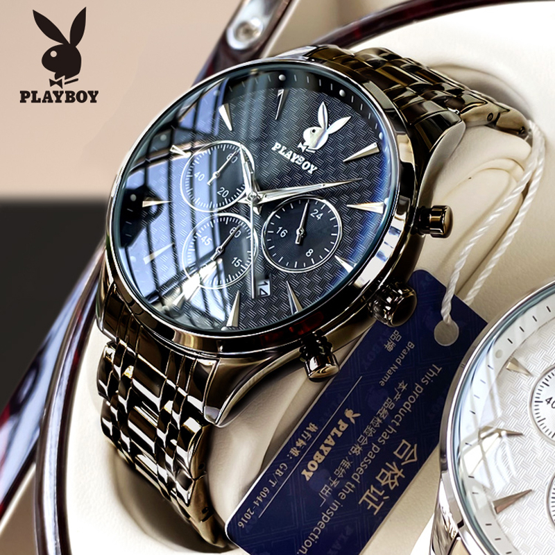 PLAYBOY นาฬิกา ผู้ชาย แฟชั่น watch 100% แท้ นาฬิกาข้อมือกันน้ำได้ ควอตซ์ สายสเตนเลส สีดำ มัลติฟังก์ช