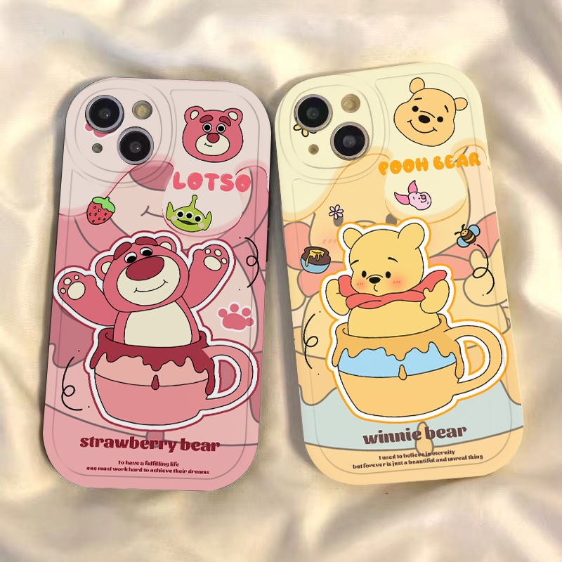 เคสโทรศัพท์มือถือ ซิลิโคนนิ่ม กันกระแทก ลายการ์ตูนหมีพูห์ สตรอเบอร์รี่น่ารัก สําหรับ iPhone 13 12Pro 11ProMax Xs XR XsMax 7 8plus 14ProMax 15Plus
