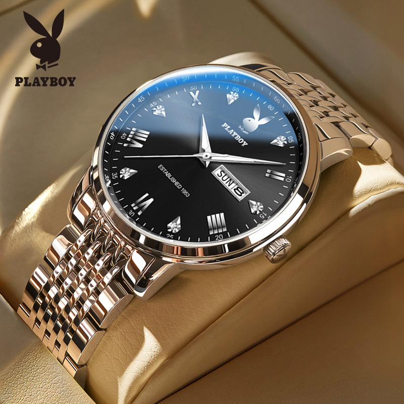 PLAYBOY นาฬิกา ผู้ชาย แฟชั่น watch 100% แท้ นาฬิกาข้อมือกันน้ำได้ ควอตซ์ สายสเตนเลส สีดำ มัลติฟังก์ชั่น หรูหรา 3038-H