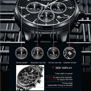 PLAYBOY นาฬิกา ผู้ชาย แฟชั่น watch 100% แท้ นาฬิกาข้อมือกันน้ำได้ ควอตซ์ สายสเตนเลส สีดำ มัลติฟังก์ชั่น หรูหรา 8881-H