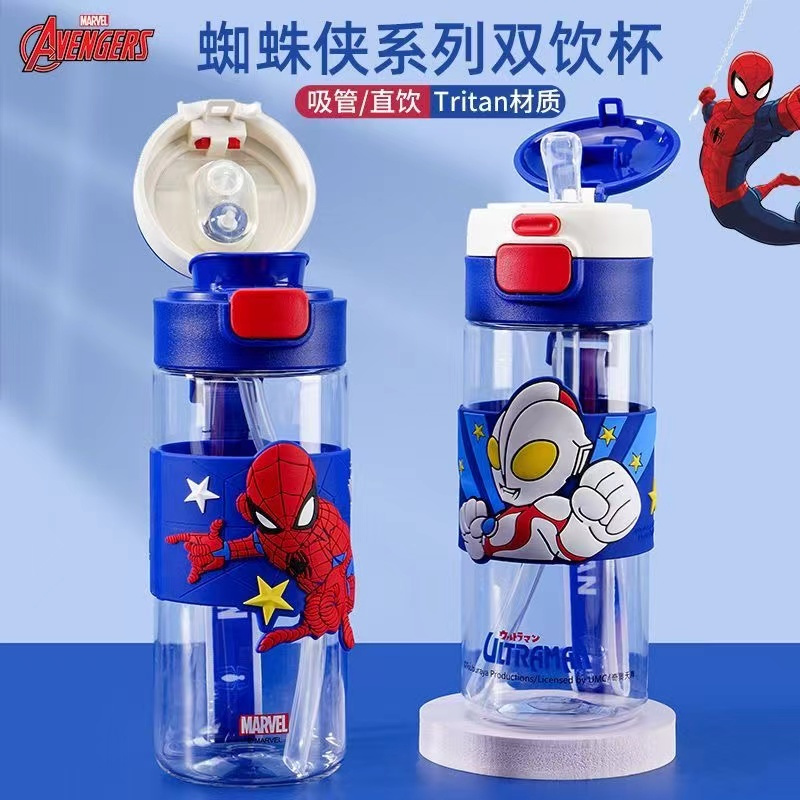 Disney ขวดน้ําเด็ก ลายสไปเดอร์แมน พร้อมหลอดดูด 600 มล. ปลอด BPA กันหก ทําความสะอาดง่าย