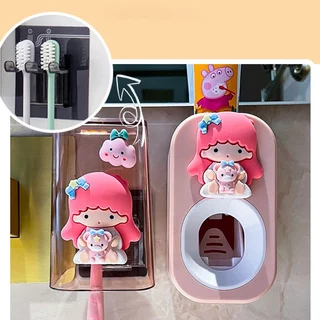 เครื่องบีบยาสีฟันน่ารัก ชั้นวางแปรงสีฟัน ถ้วย ฟรีเครื่องจ่ายยาสีฟัน ชุดที่วางแปรงสี