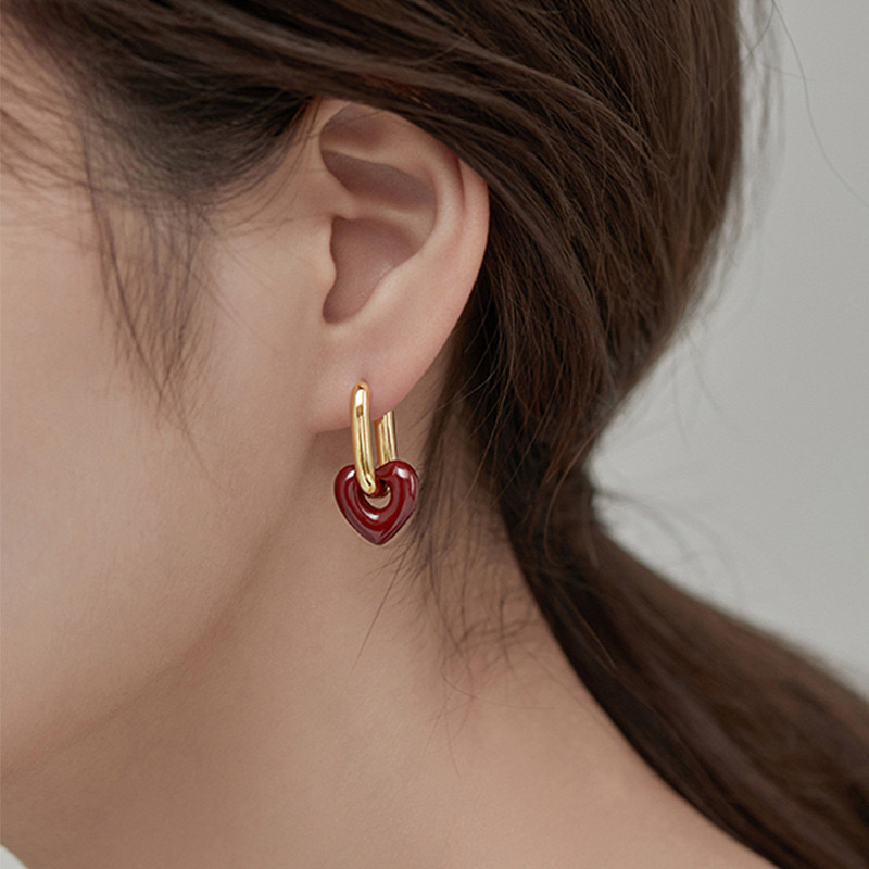 ต่างหูห่วง สเตนเลส รูปตัว U หัวใจ ขนาดเล็ก สีเบอร์กันดี