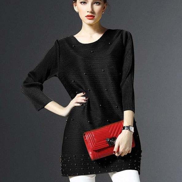 ฤดูใบไม้ผลิกระโปรงที่เรียบง่ายจีบ3/4แขนหลวมขนาดใหญ่สีทึบชุดลูกปัด-2023-02-28