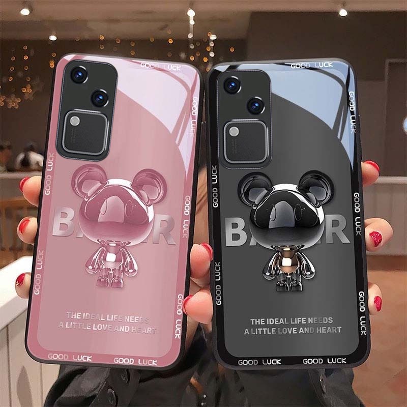 เคส Vivo V27 V30 V29 V29E V23 Y36 5G เคส Vivo V25E V25 V27 Pro มือถือ แบบกระจก ลายหมี กันกระแทก สําห