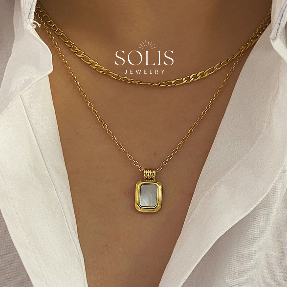 2 ชั้น Figaro Chain Sqaure สร้อยคอจี้เปลือกหอยสีดําสีขาว • กันน้ํา Non Tarnish • สร้อยคอสําหรับผู้หญิง