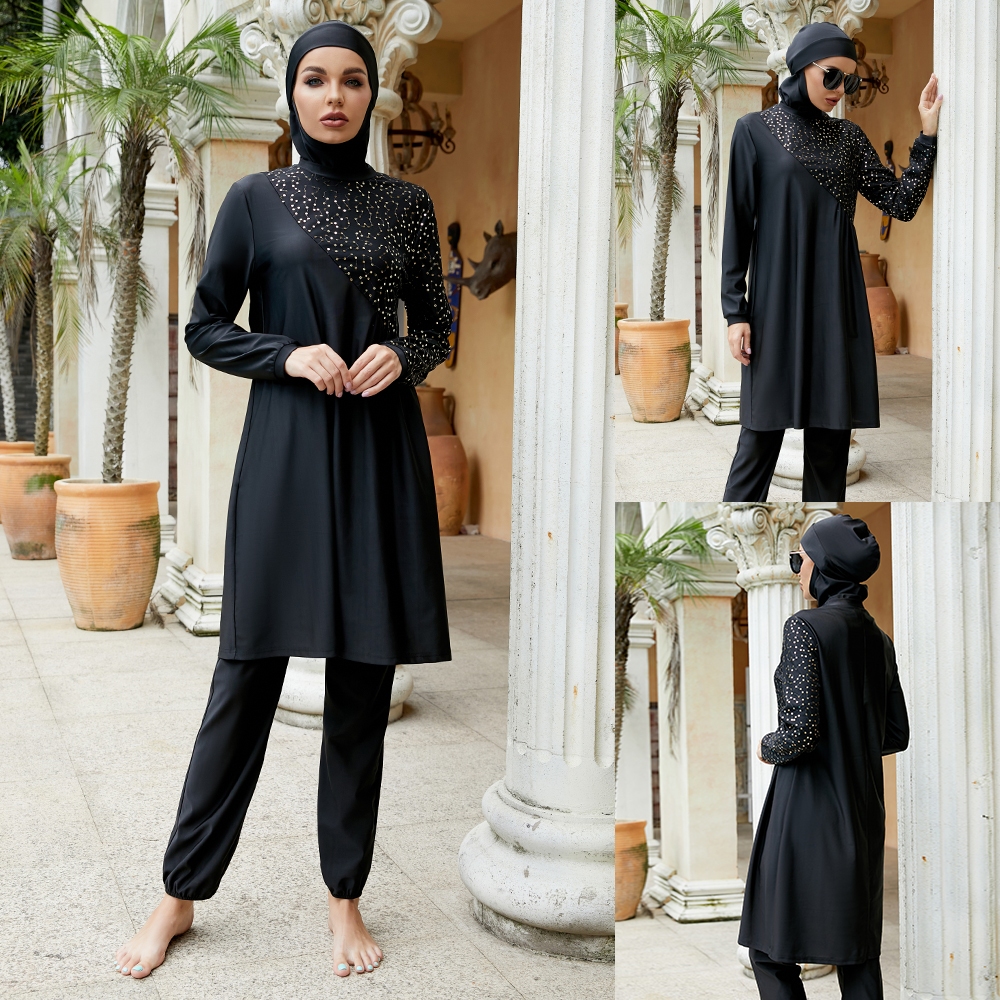 2024จัดส่งที่รวดเร็ว สุภาพสตรีชุดว่ายน้ํามุสลิม 3 ชิ้นชุดสบายแห้งเร็วหลวมสีดําพิมพ์ป้องกันแสงแดดอนุรักษ์นิยมชุดว่ายน้ํามุสลิม