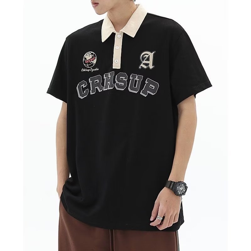 เสื้อโปโล แขนห้าส่วน เข้าได้กับทุกชุด สไตล์ญี่ปุ่น ฮาราจูกุ แฟชั่นฤดูร้อน สําหรับผู้ชาย 2024